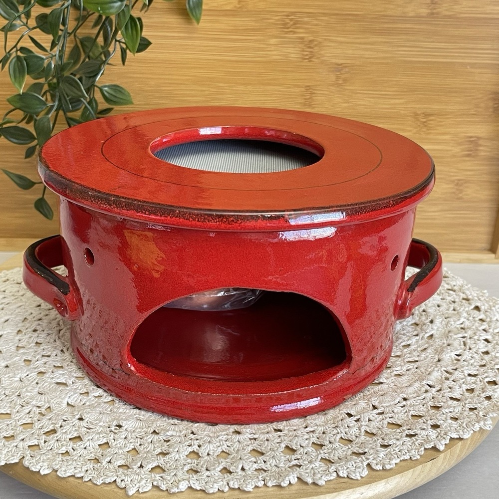 Mamma Ro Italy Terracotta Fondue Pot warmer Base Red Glazed Pottery Rechaud 9"